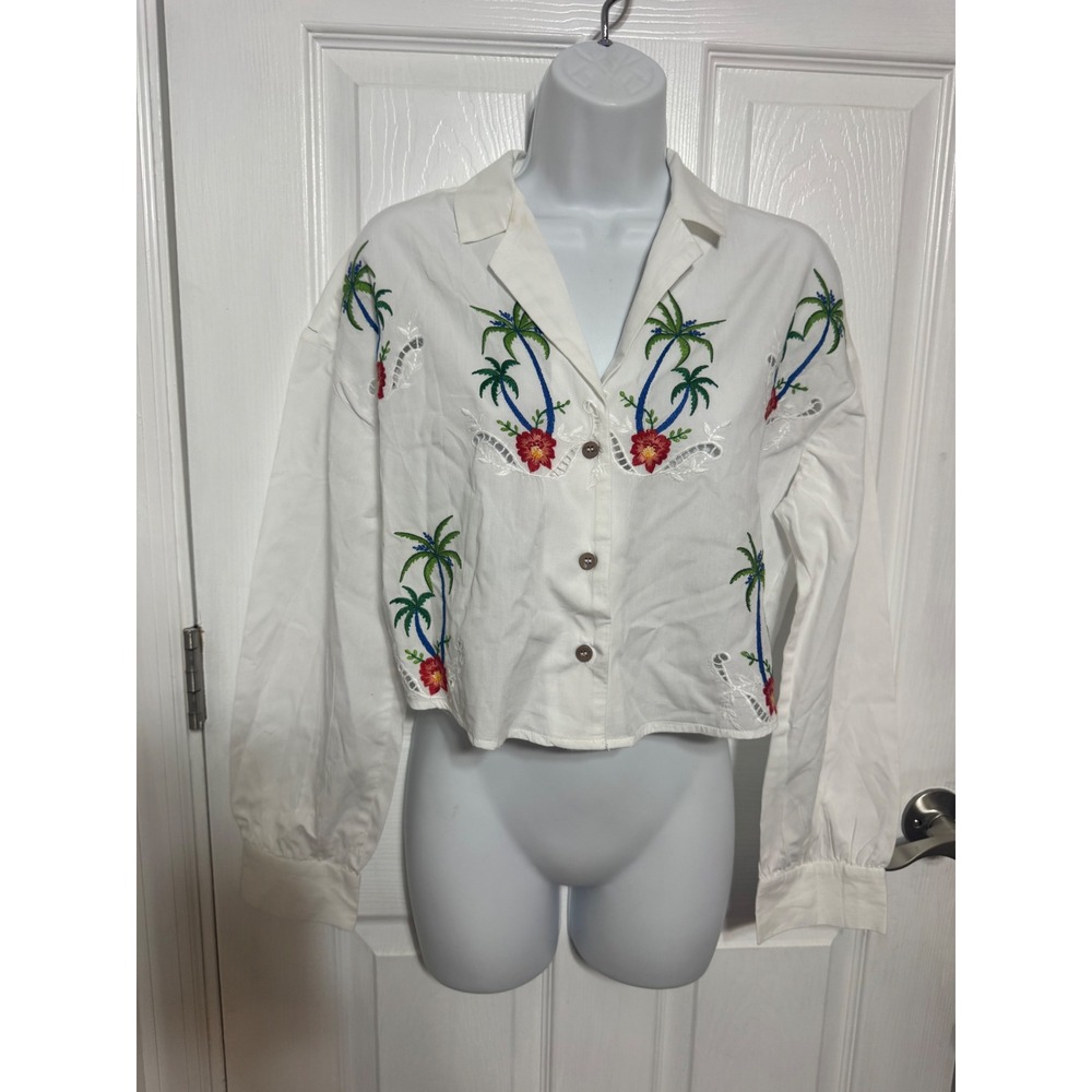 Primark White Tropical Embroidered Eyelet Cropped Shirt Palm Tree Floral Small